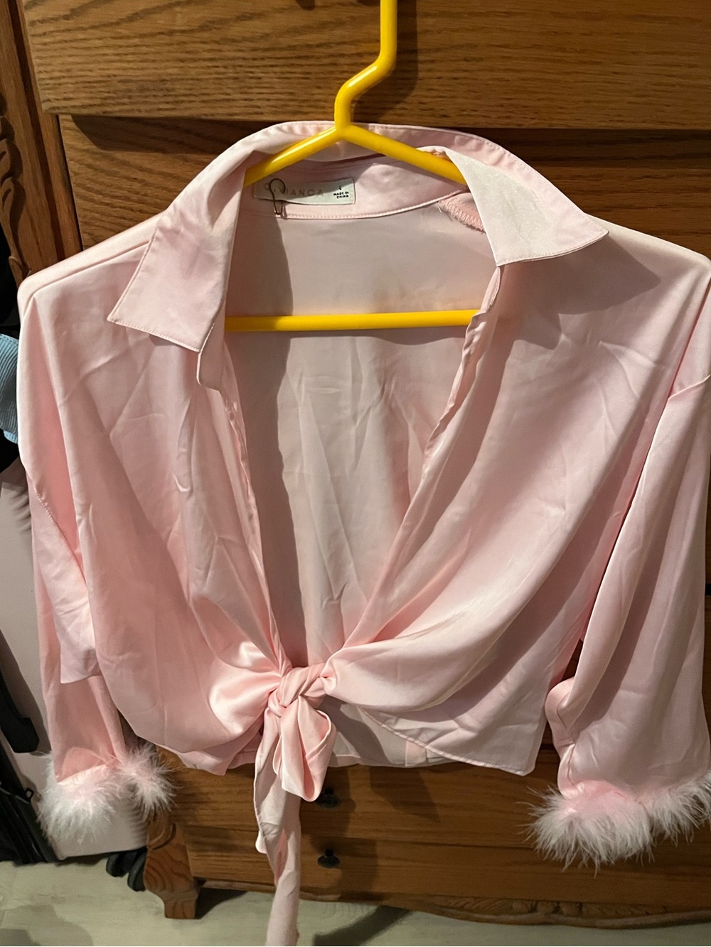 Pink Satin Tie-Front Blouse with Feather Cuffs
